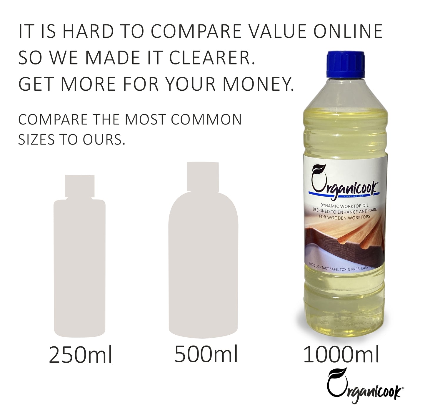Organicook Wooden Worktop Oil Clear, 1 Litre. Fast and Easy to Apply - Food Safe Alternative to Danish Oil - Interior Wood Oil - Natural - Food Grade Wood Protection in Your Kitchen and Home
