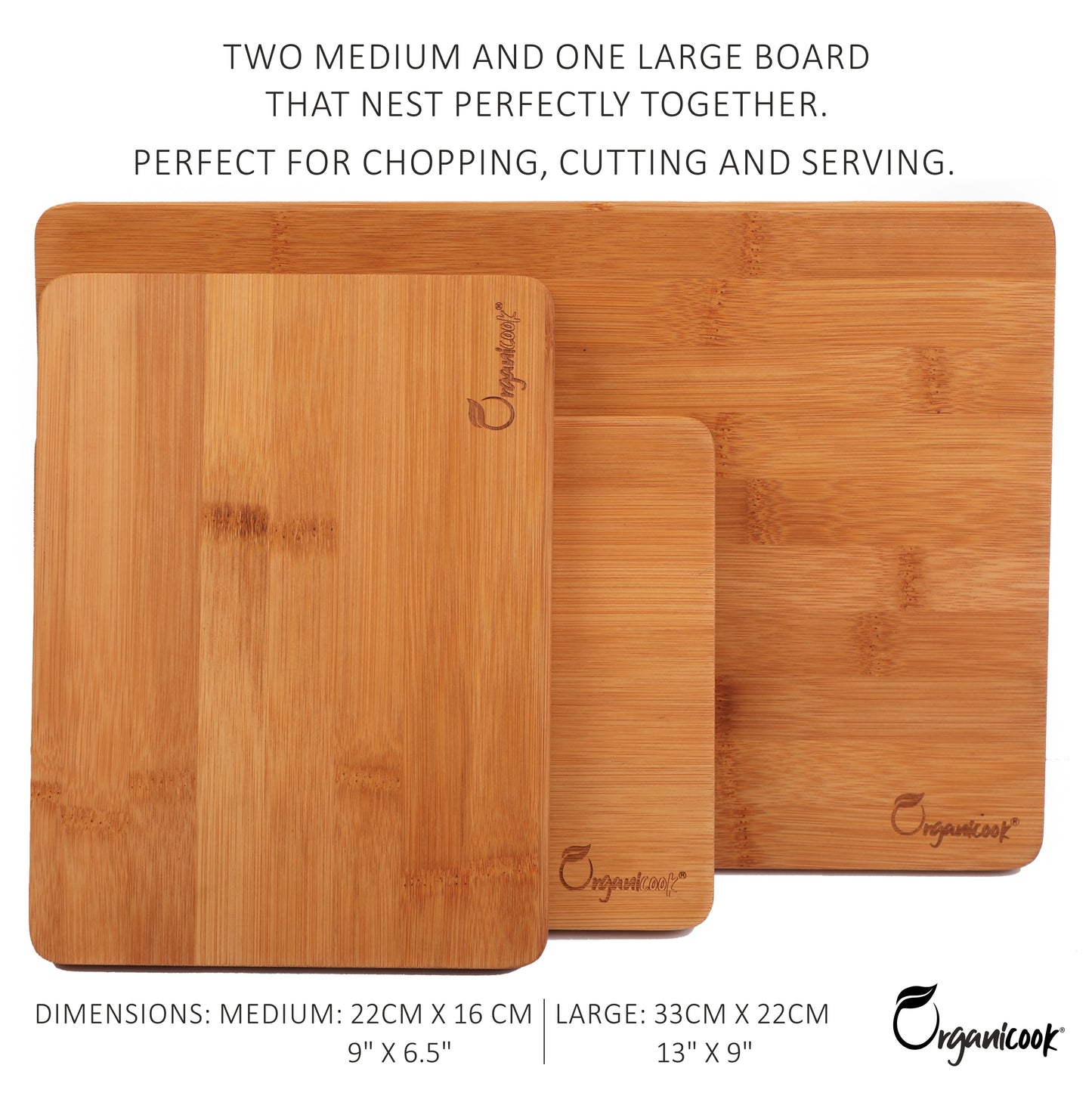 Organicook Wood Chopping Board Set - 3 x Wooden Chopping Boards, Serving Platter/Serving Boards - Bamboo - Light Weight Chopping Boards for Kitchens, Beautifully Handmade Cutting Boards - Easy Clean