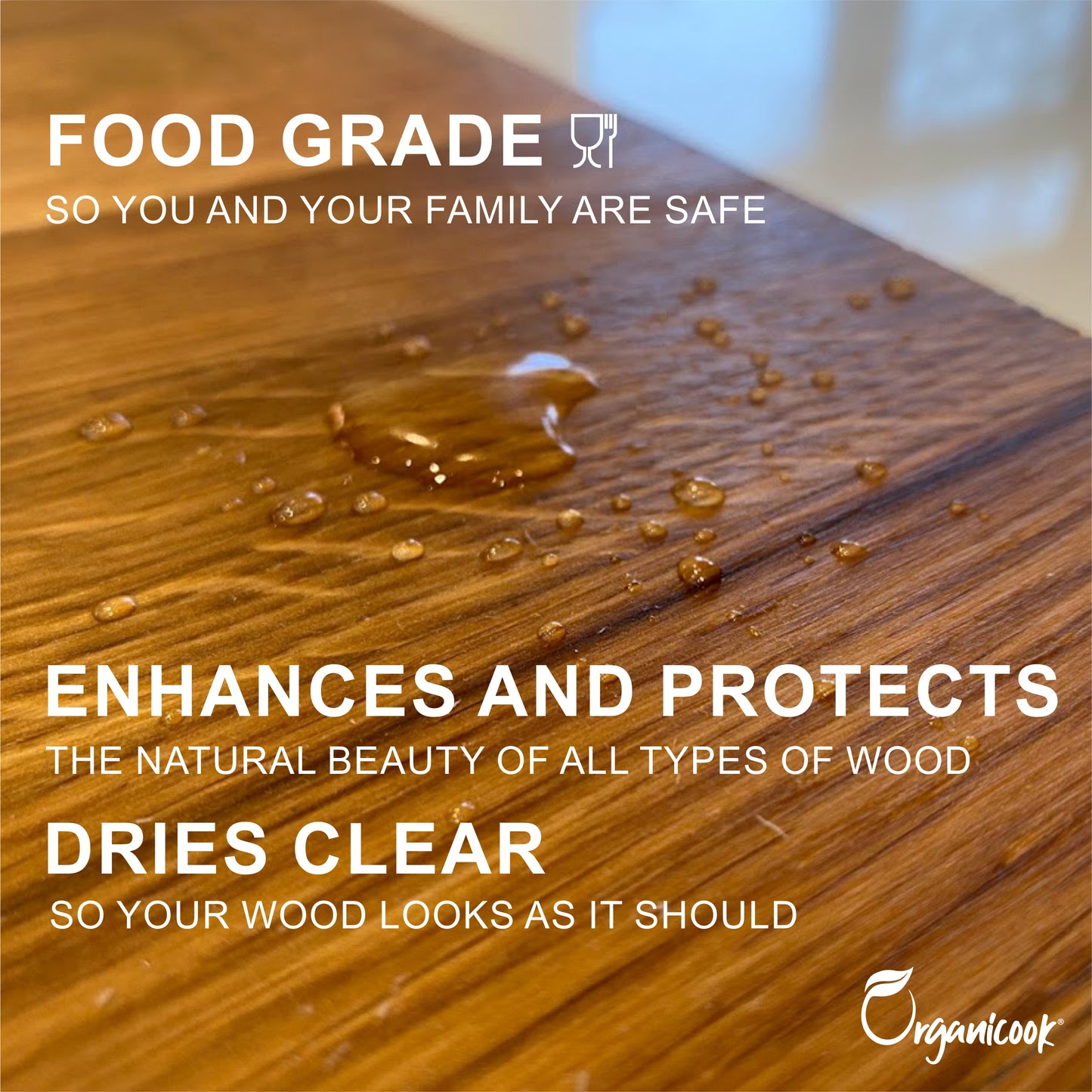 Organicook Wooden Worktop Oil Clear, 1 Litre. Fast and Easy to Apply - Food Safe Alternative to Danish Oil - Interior Wood Oil - Natural - Food Grade Wood Protection in Your Kitchen and Home