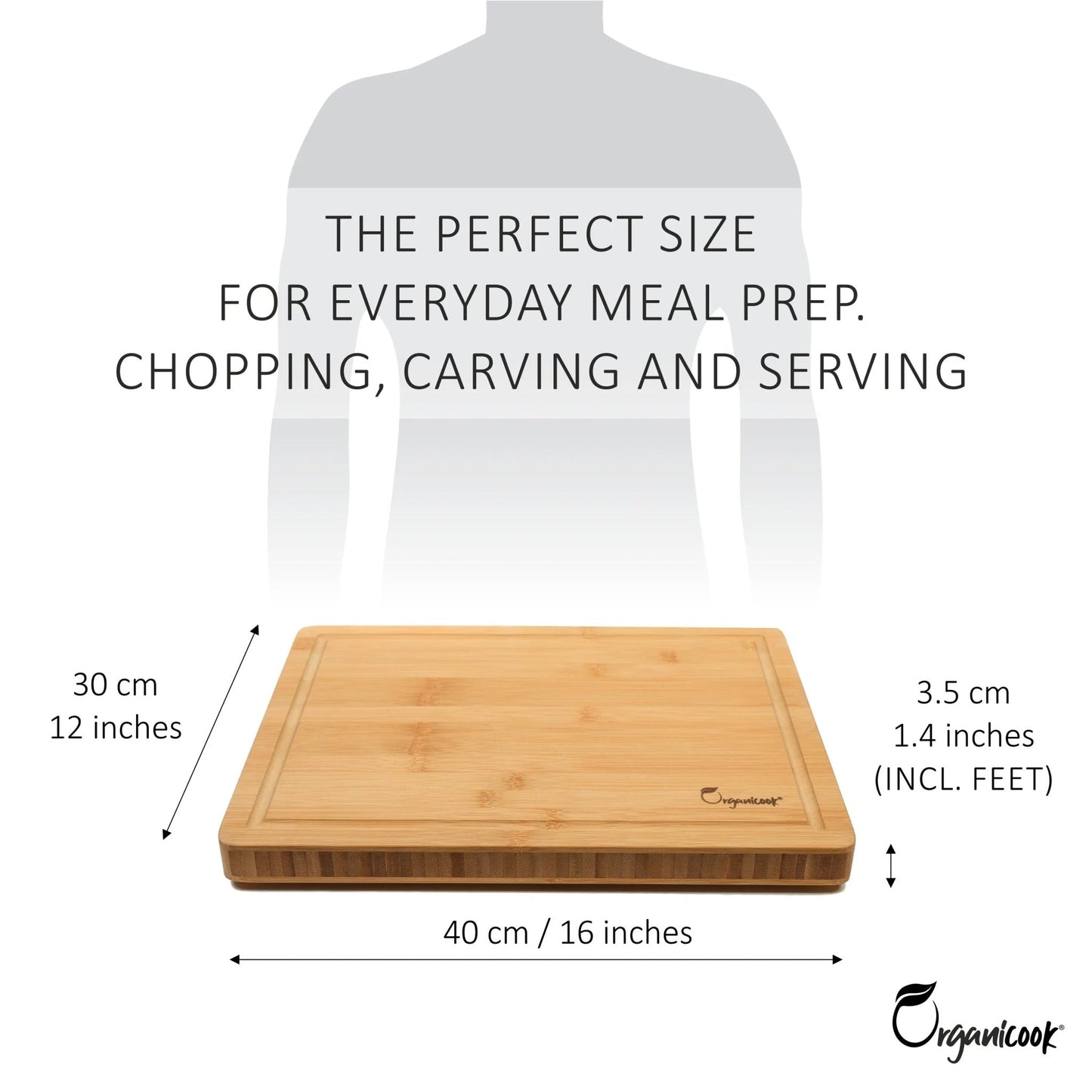 Organicook Luxury Large Wooden Chopping Board - Non - Slip Feet, Bamboo Chopping Board, Wood Cutting Board, Butchers Block, Easy Clean, Thick 40x30x3cm, Fair Trade - Organicook