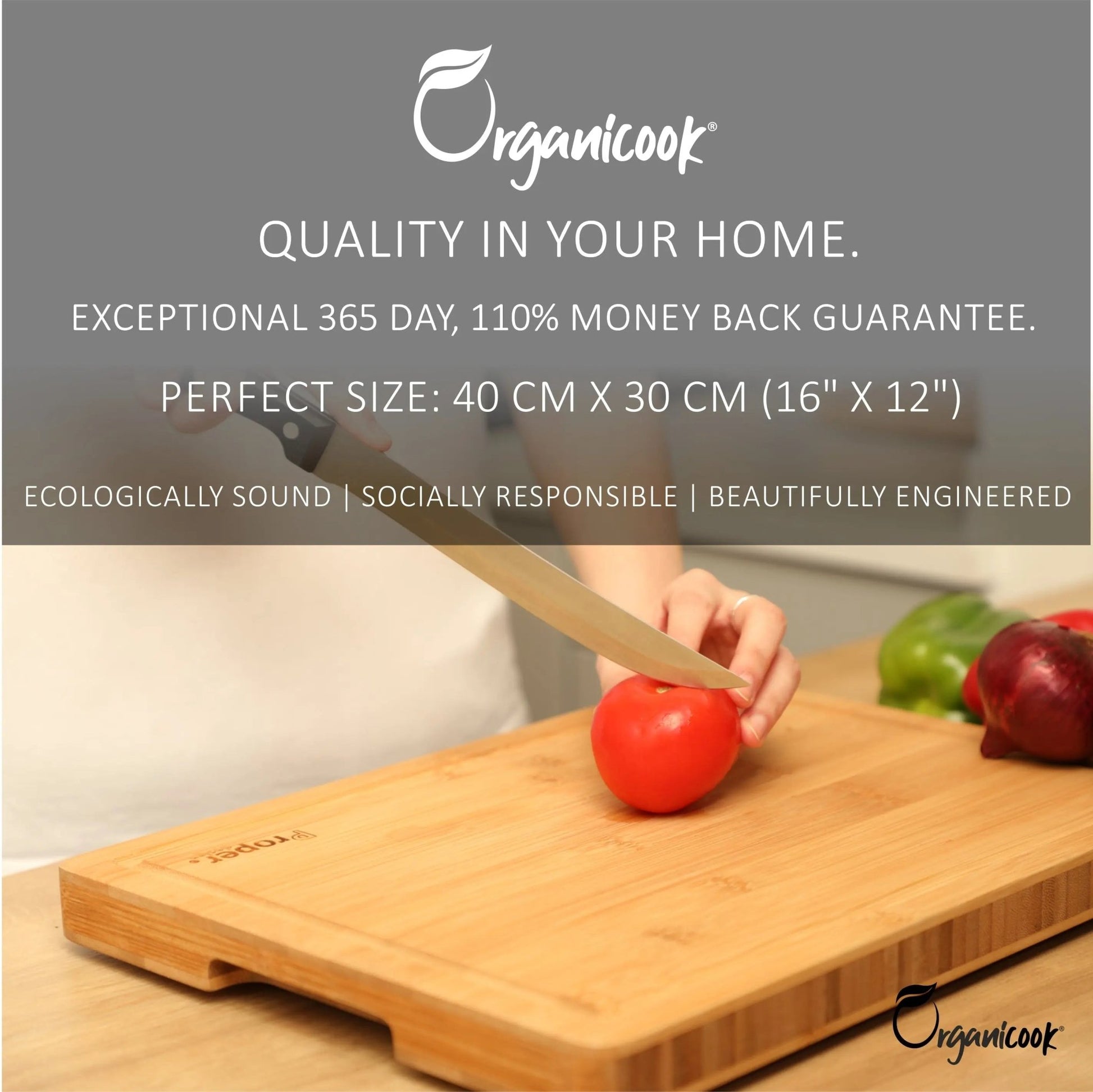 Organicook Luxury Large Wooden Chopping Board - Non - Slip Feet, Bamboo Chopping Board, Wood Cutting Board, Butchers Block, Easy Clean, Thick 40x30x3cm, Fair Trade - Organicook
