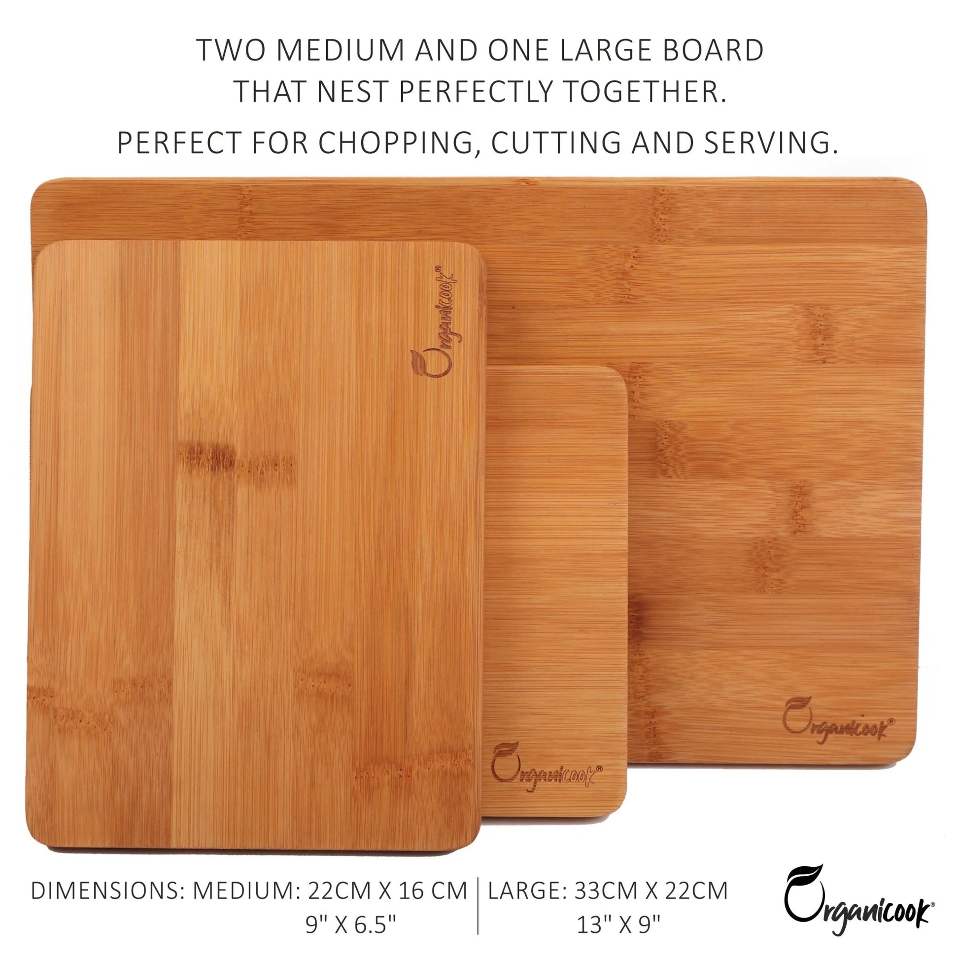 Organicook Wood Chopping Board Set - 3 x Wooden Chopping Boards, Serving Platter/Serving Boards - Bamboo - Light Weight Chopping Boards for Kitchens, Beautifully Handmade Cutting Boards - Easy Clean - Organicook